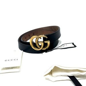 Gucci GG Marmont Black Leather Belt – Gold Buckle, Iconic Style